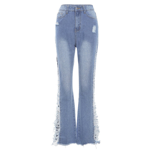 Fashion Ripped Casual Pants Bag Hip Contrast Frosted Bootcut Jeans - ROUTINE FASHION